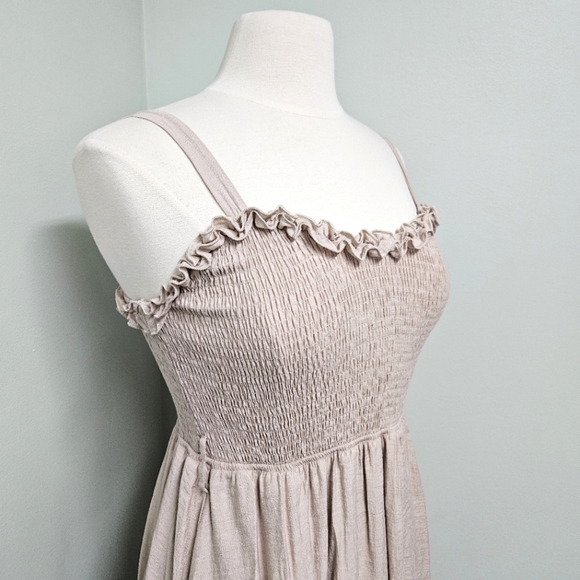Blu Ivy Smocked Ruffle Midi Dress Beige Latte Cottagecore Bohemian Summer Beach - Picture 8 of 16